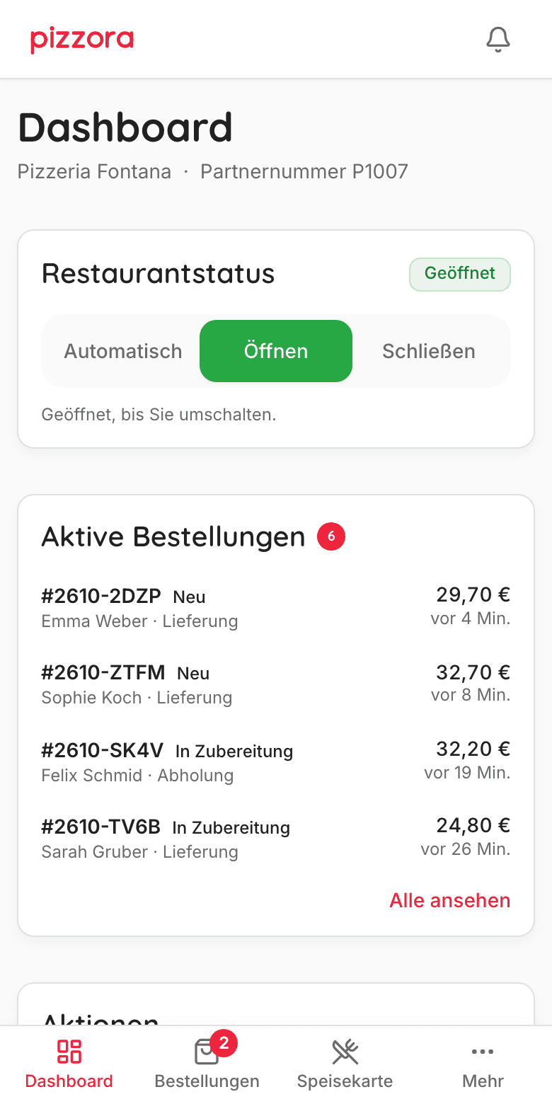 Partner-Dashboard auf dem Smartphone: Restaurant geöffnet, aktive Bestellungen