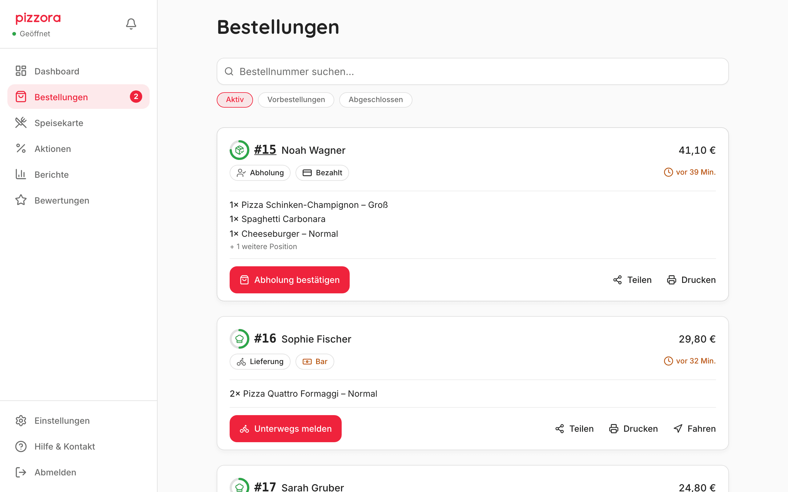 Bestellungen im Partner-Dashboard: aktive Bestellungen mit Gerichten, Zahlungsart und nächstem Schritt